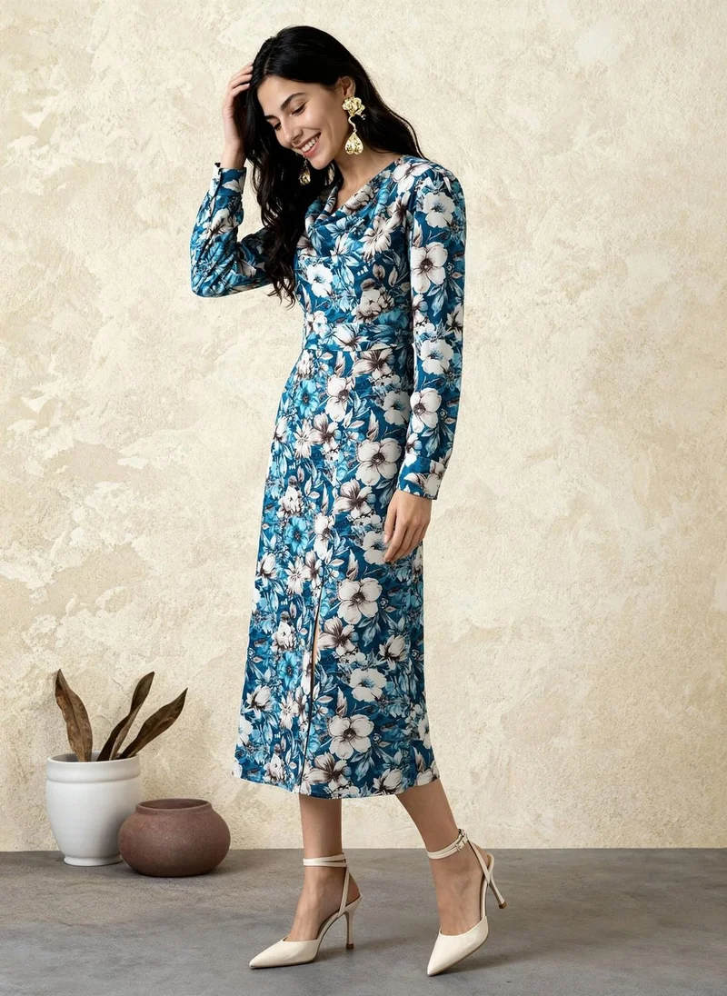 globus Globus Women Blue Cowl Neck Cuffed Sleeves Floral Print Front Slit Midi A-Line Dress With Belt